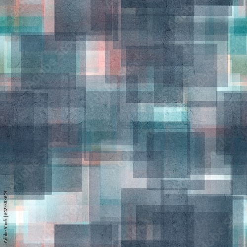 Seamless overlaid geometric shape pattern print. High quality illustration. Transparent rectangles filled with gradient colors scattered. Handmade paper texture overlay.