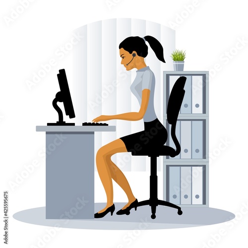 Female secretary works at the computer in the office. Call center operator girl. Vector illustration.