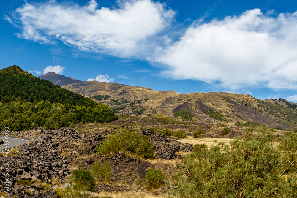 View at Mount Etna (volcano) in Summer time, Sicily. Italy, Europe