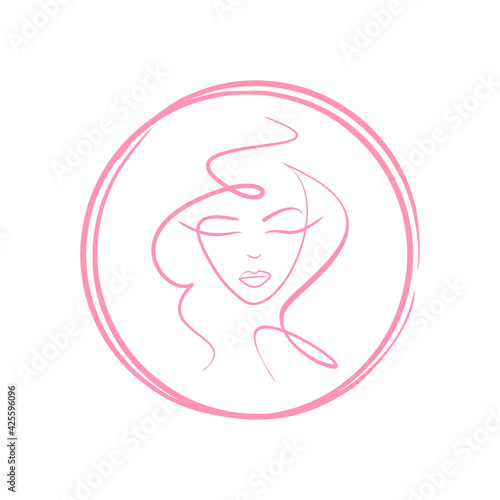 Beautiful hairstyle girl. Cosmetology and plastic surgery. Portrait of a young woman. Logo in a circle female beauty.