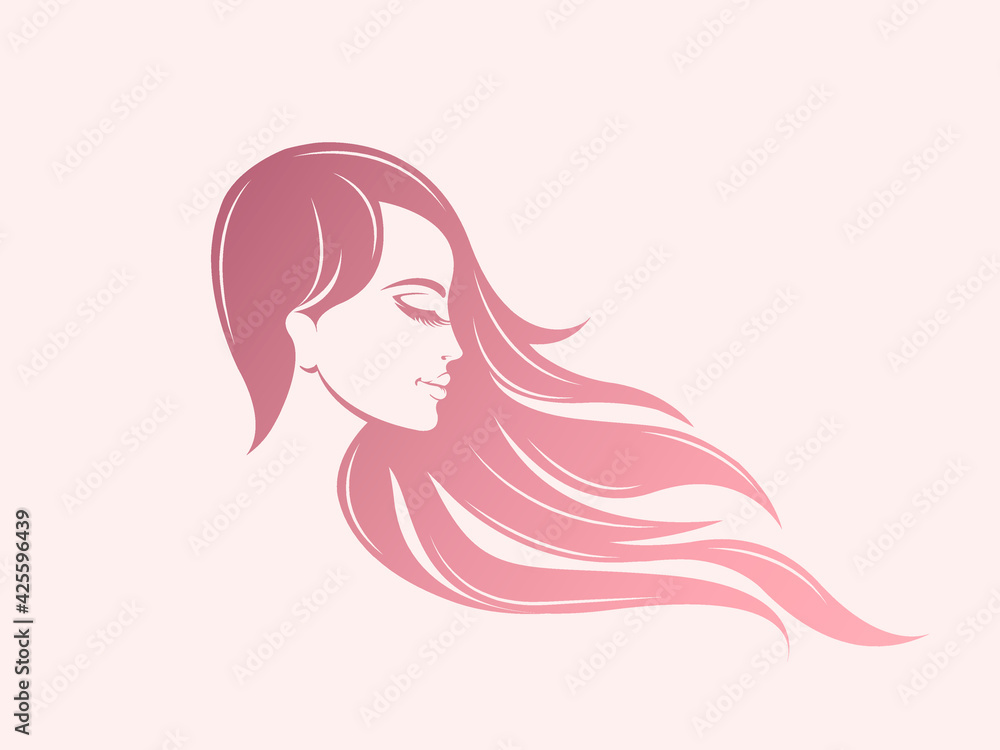 Beauty salon logo.Beautiful woman profile portrait.Long, wavy hairstyle icon.Sign for spa, aesthetics, beautician, hair studio business.Modern, elegant, luxury style hairdresser symbol.Face makeup.