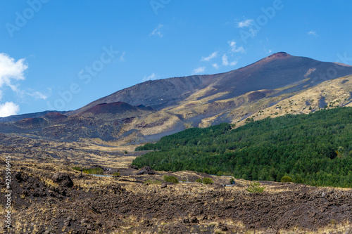 View at Mount Etna (volcano) in Summer time, Sicily. Italy, Europe