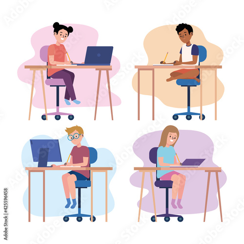 four students online