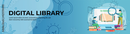 Digital Library Web Banner Design. student Reading and searching online Book on library web. online education, digital classroom. E-Learning concept. header or footer banner.