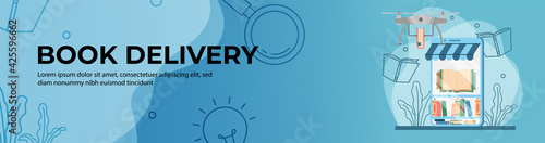 Book Delivery Web Banner Design. Online bookstore concept. online education, Online store. Online shopping. header or footer banner.