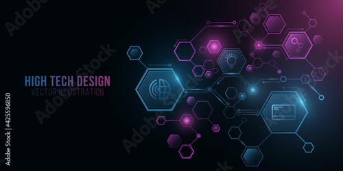 Futuristic diagram from glowing hexagons frame with tech icons. Artificial Intelligence concept. Neural networks. Digital technology. Big data. Sci-fi presentation. UI design. Vector.