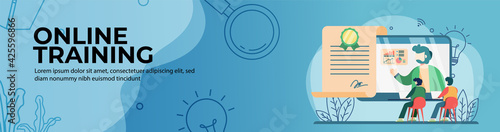 Online Training Web Banner Design. students do online certification with online mentor on monitor. online education, digital classroom. E-Learning concept. header or footer banner.
