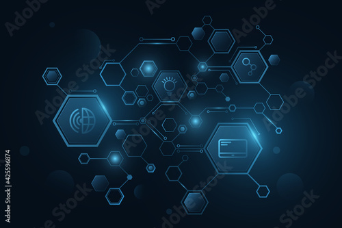 Futuristic diagram from glowing hexagons frame with icons for software. Artificial Intelligence and neural networks. Digital technology. Big data. Sci-fi presentation. UI design. Vector.