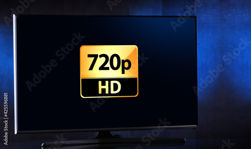 A flat-screen TV set displaying a 720p HD icon photo