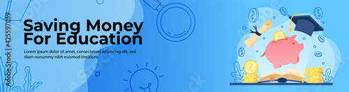 Saving Money for education Web Banner Design. open book with light and piggy bank with gold coin. scholarship, student loan concept. header or footer banner.