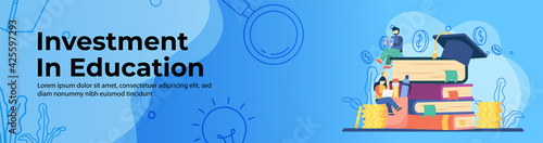 Investment in education concept Web Banner Design. students study on stack of books and stack of coins. saving money for education, scholarship, student loan. header or footer banner illustration