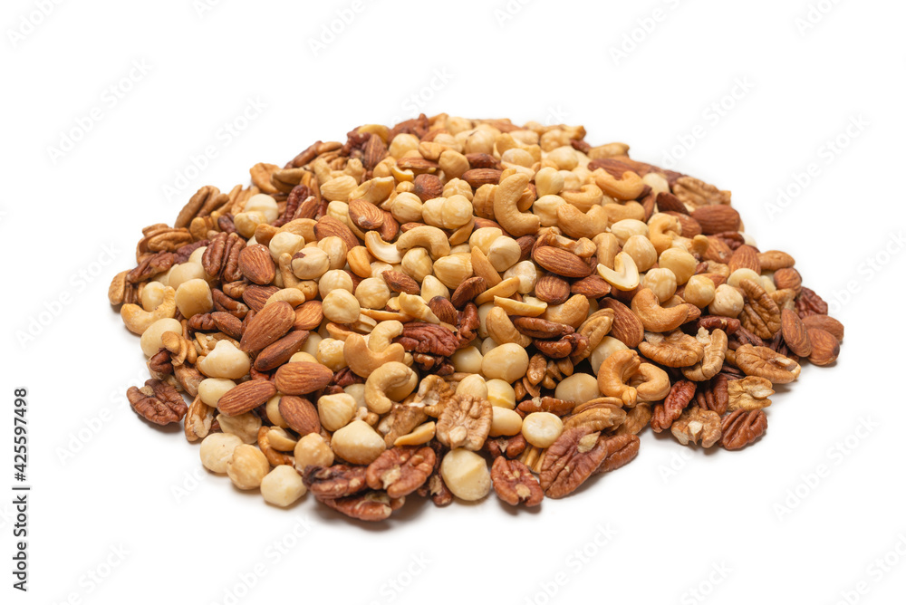 Mix of nuts isolated on white background. Top view.
