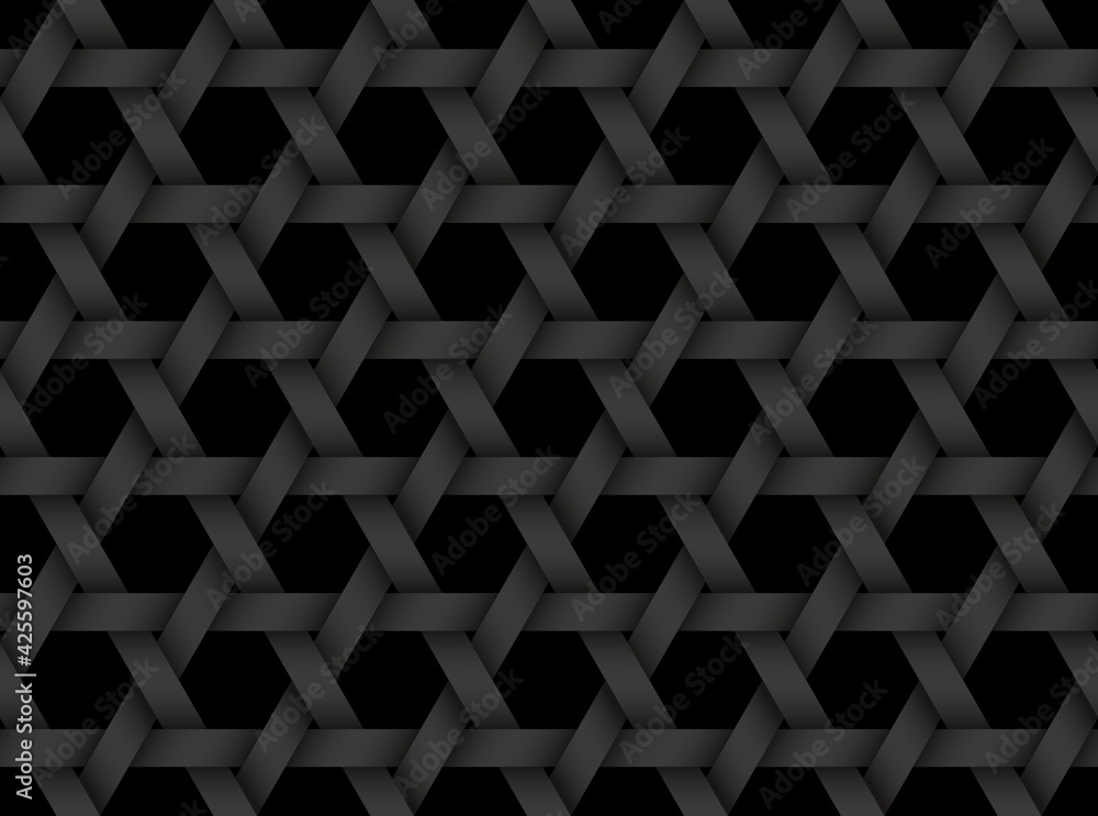 Black seamless pattern of bands weaved in the shape of a six pointed star. Vector dark repeating background illustration. Black seamless pattern of bands weaved in the shape of a six pointed star. Vector dark repeating background illustration.