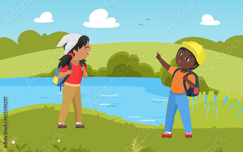Children hike in nature summer landscape, kid scout in trekking adventure vector illustration. Cartoon boy girl child hiker characters with backpacks hiking together on lake or river shore background