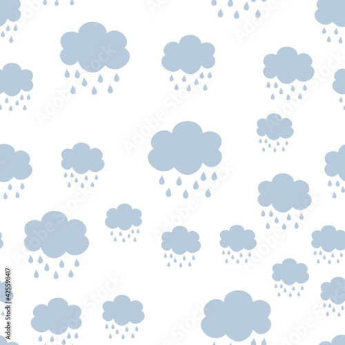 Seamless retro clouds and rain in the sky baby illustration blue scandinavian style background pattern in vector