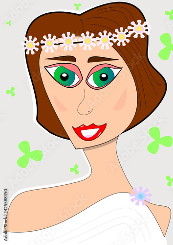Young woman with garland of flowers on her head and white dress in Greek or Roman style with floral brooch announces that spring is coming as it rains shamrocks.