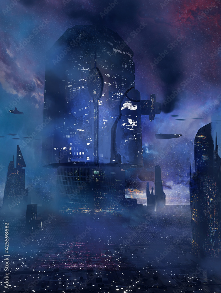 Naklejka premium Digital painting of science fiction space city in the distant future with ships flying in the background - fantasy sci-fi illustration