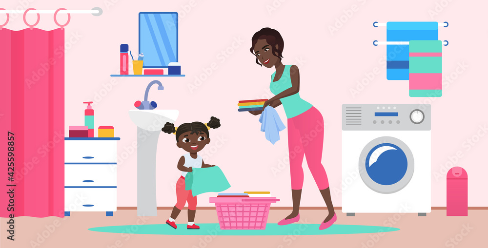 Mother with daughter in domestic household chores, laundry day vector  illustration. Cartoon mom character holding dirty and clean clothes from  basket, girl child helping to wash in bathroom background Stock Vector |