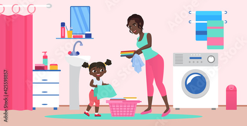 Mother with daughter in domestic household chores, laundry day vector illustration. Cartoon mom character holding dirty and clean clothes from basket, girl child helping to wash in bathroom background