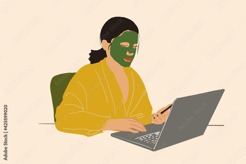 Pretty woman with detox mask on face working on laptop at home office. Clean and beauty skincare concept. Wellness and anti-age. Working from home. Vector Illustration.