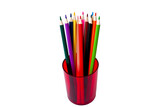 Colorful pencils in a plastic cup