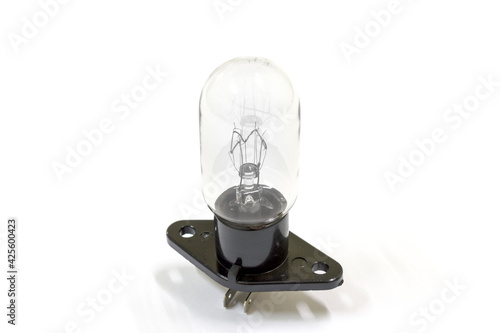 Close up of microwave light bulb on white background, isolated, Home appliances repair service.