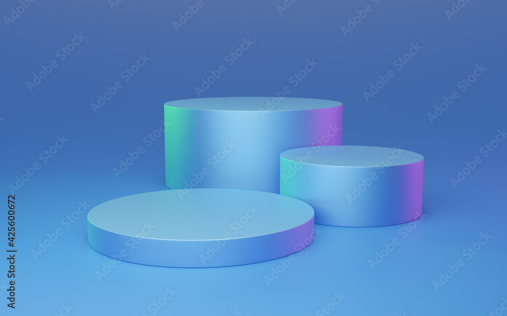 3 Empty blue cylinder podium with red and green rim light on bright background. Abstract minimal studio 3d geometric object. Mockup space for display of product design. 3d rendering. 3 Empty blue cylinder podium with red and green rim light on bright background. Abstract minimal studio 3d geometric object. Mockup space for display of product design. 3d rendering.