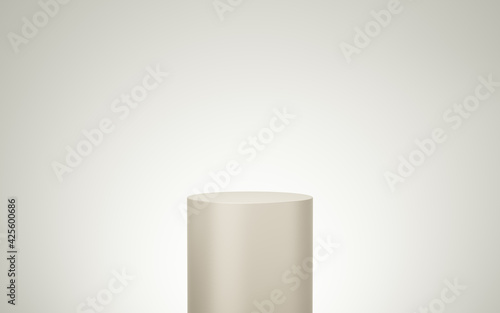 Empty yellow or cream cylinder podium floating on bone white copy space background. Abstract minimal studio 3d geometric shape object. Pedestal mockup space for display of product design. 3d render. © media-ja