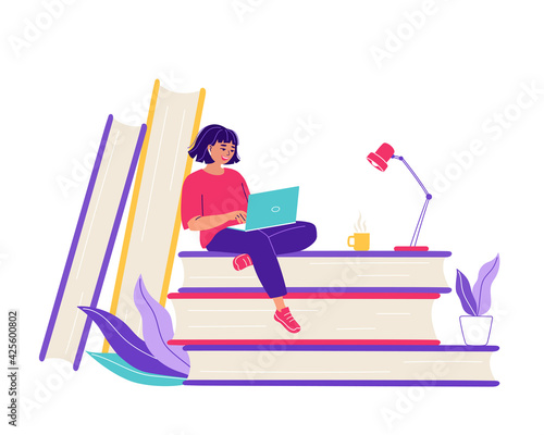 Young woman sits on a stack of books with a laptop. Concept of remote e-learning from home. Student girl working on the computer. Web courses, tutorials, education. Online library. Vector illustration