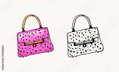 Women's bag. Vintage style. Hand drawn doodle fashion accessories. Vector Illustration for Sticker or Diary