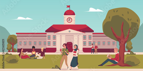 University or college campus building and students, flat vector illustration.
