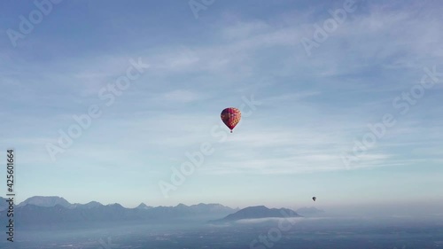 Hot air balloon, Sierra Madre Mountains, Montemorelos, Mexico, aerial wide shot photo