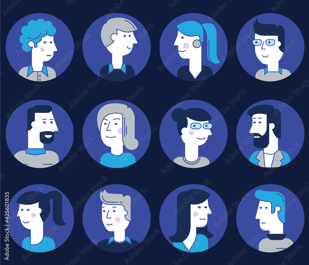Material cartoon avatars, vector trendy characters collection Material cartoon avatars, vector trendy characters collection