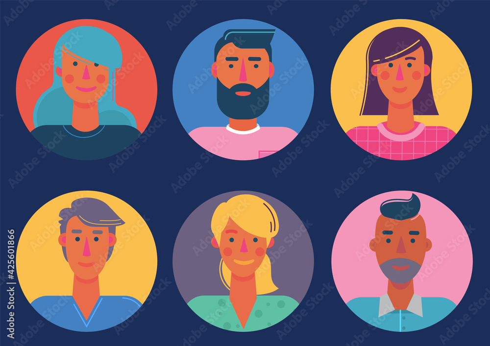 Material cartoon avatars, vector trendy characters collection Material cartoon avatars, vector trendy characters collection