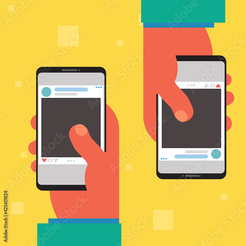Hands and gadgets trendy colorful vector illustration