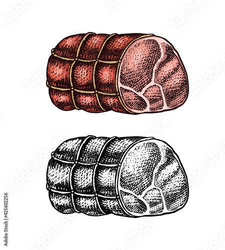 Grilled meat, Pork or beef meatloaf. Food in vintage style. Template for restaurant menu, emblems or badges. Hand drawn sketch.