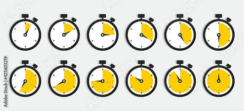 Set of timer icons. Stopwatch with countdown minutes. Clock, time and digital timers. Sport watch. Vector illustration.