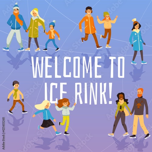 People skating on ice rink in winter season a flat cartoon vector illustration