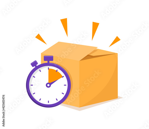 Fast delivery concept with stopwatch and carton box. Delivery time. Express delivery concept. Vector illustration.