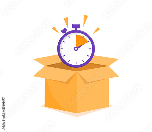 Fast delivery concept with stopwatch and open box. Delivery time. Express delivery concept. Vector illustration.