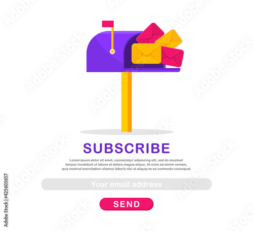 Email subscribe template with mailbox and envelopes. Subscribe to newsletter. Form for email with send button. Vector illustration.