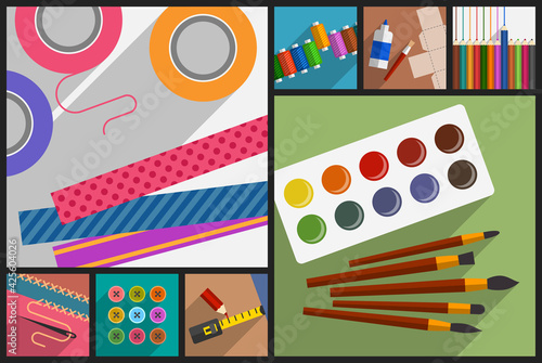 Collection of subjects and tools for DIY projects, creative hobbies