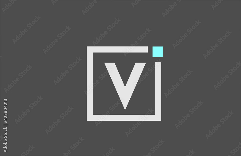 grey V alphabet letter icon logo. Square design for company and business identity with blue dot