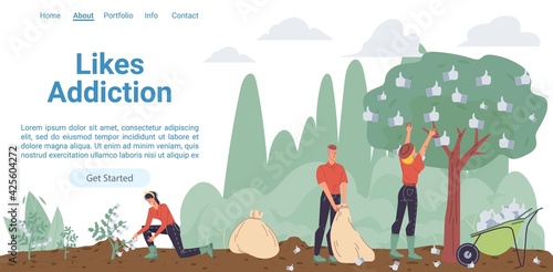 Vector cartoon flat farmer characters harvesting like hand symbols from tree-social media marketing,management,smm creative design or likes addiction concept for web online landing page template