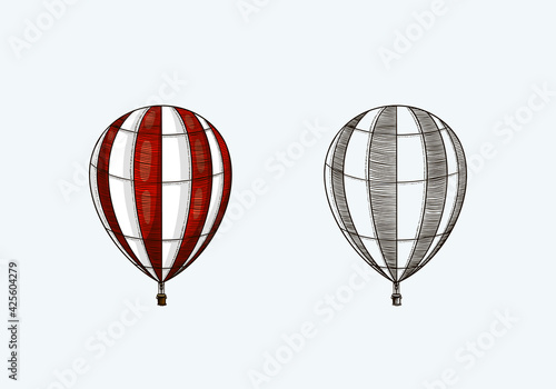 Vintage Hot Air Balloon. Vector retro flying airship with decorative elements. Template transport for Romantic logo. Hand drawn Engraved sketch.