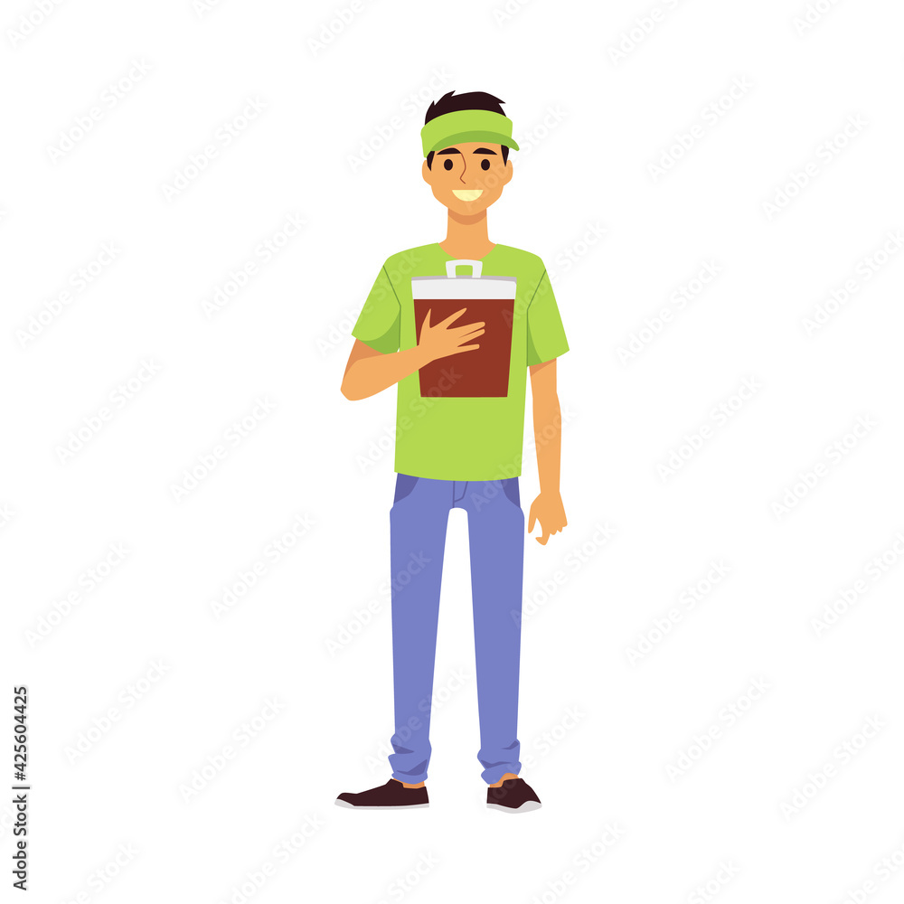 Smiling waiter or fast food cafe worker, flat vector illustration isolated.