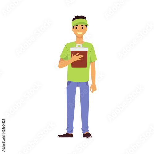 Smiling waiter or fast food cafe worker, flat vector illustration isolated.