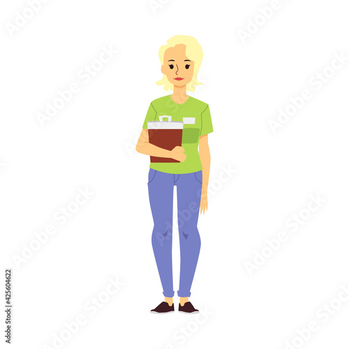 Woman worker, service staff of fast food restaurant with menu for taking orders.
