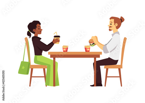 People sit at cafeteria or fast food cafe, flat vector illustration isolated..