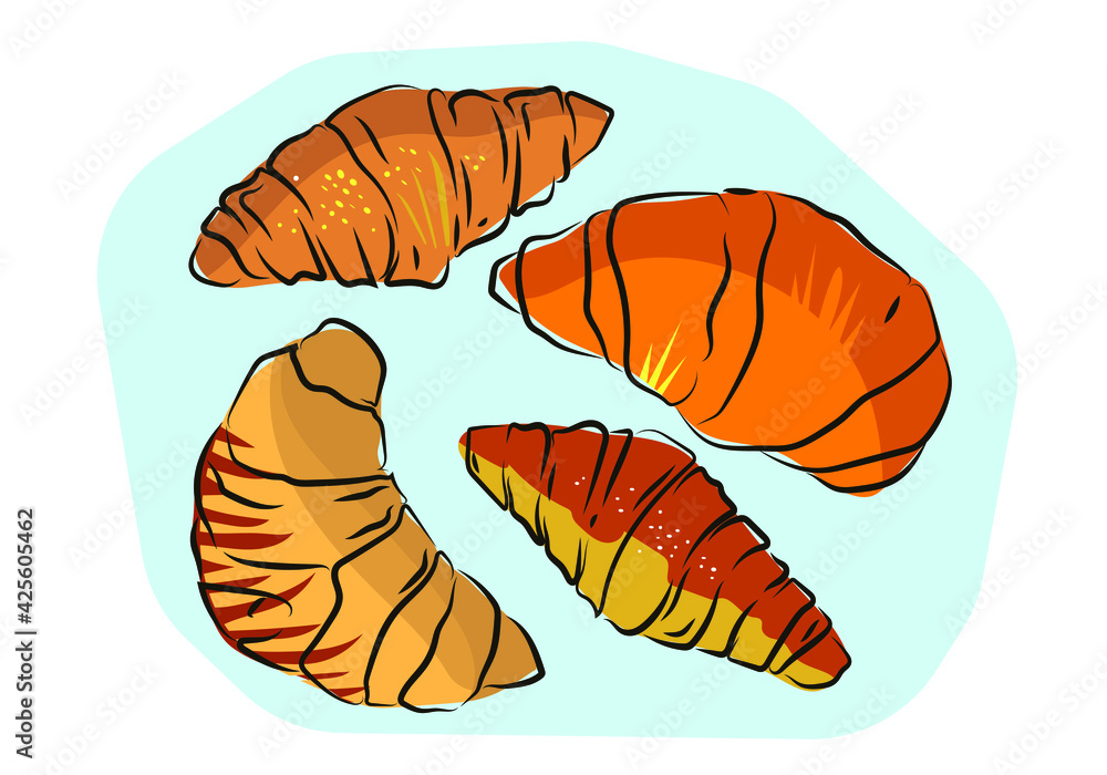 Vector image of croissants on a plate. Line drawing in color. Vector image of croissants on a plate. Line drawing in color.